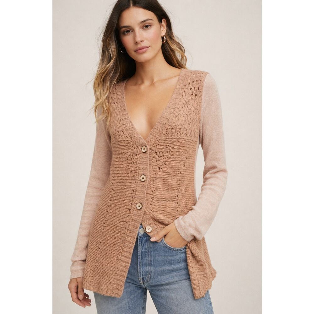 New Free People Knit Lace Panel Sweater Cardigan XS Beige Oatmeal Boho cottage